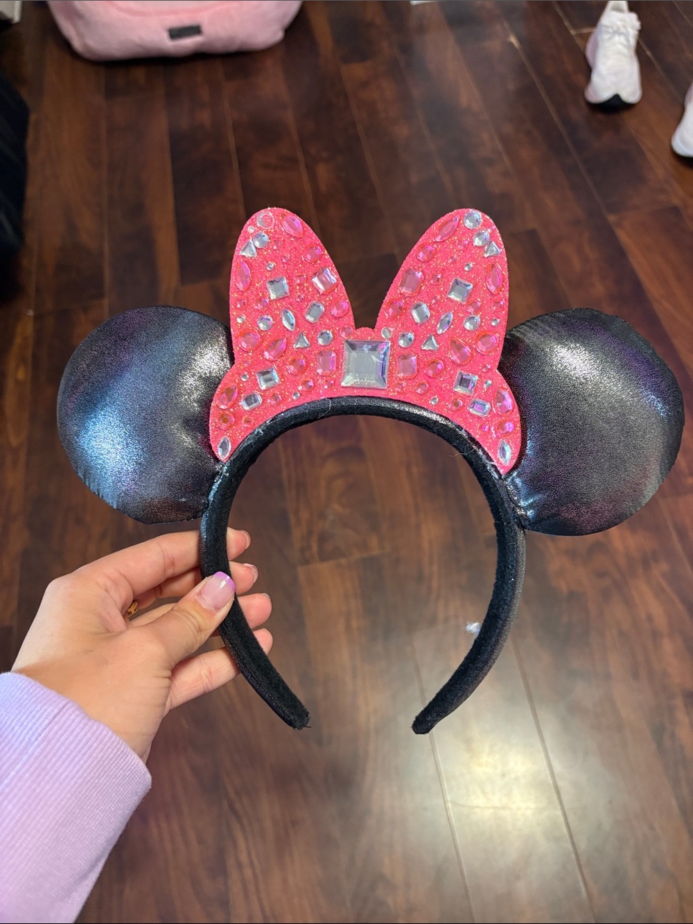 Disney Black Iridescent Minnie Ears Headband with Pink Jeweled Bow